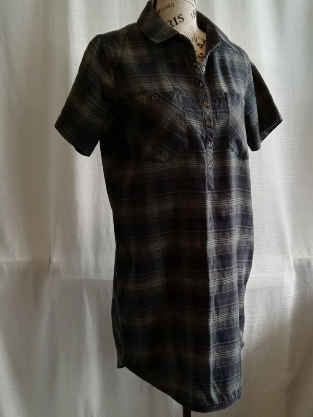 Element plaid cotton-polyester button down dress with buttons, blue & green-grey
